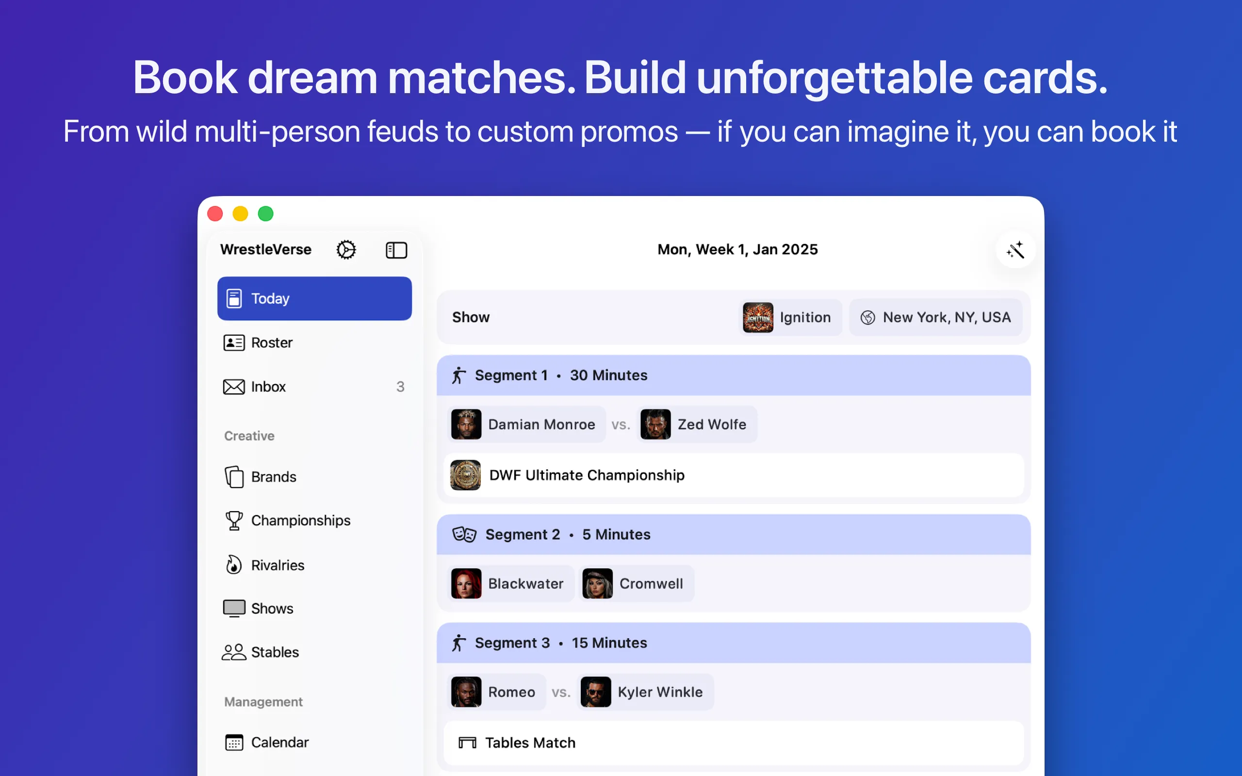 An App Store screenshot of the WrestleVerse macOS app