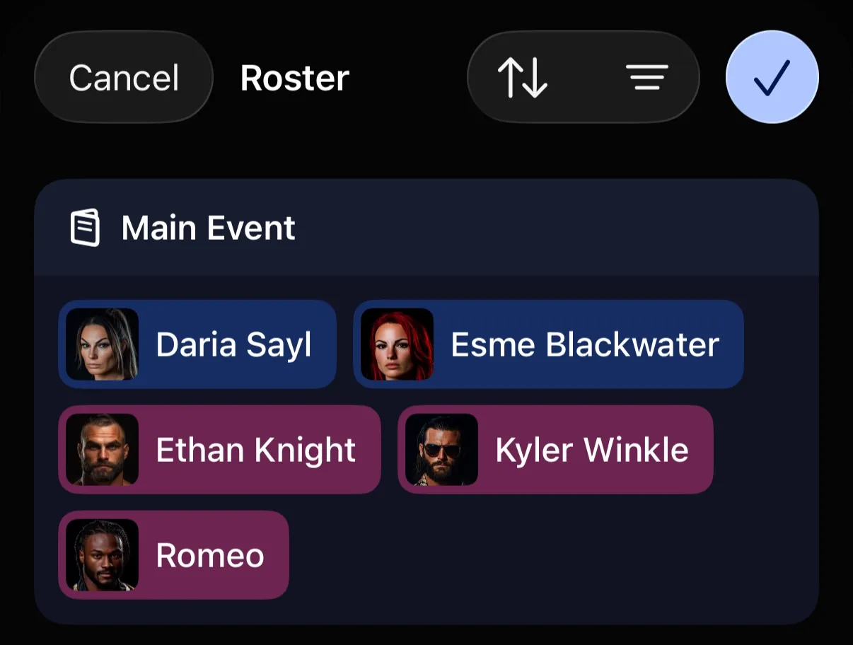 Screenshot showing 3 wrestlers selected at once in the Roster screen
