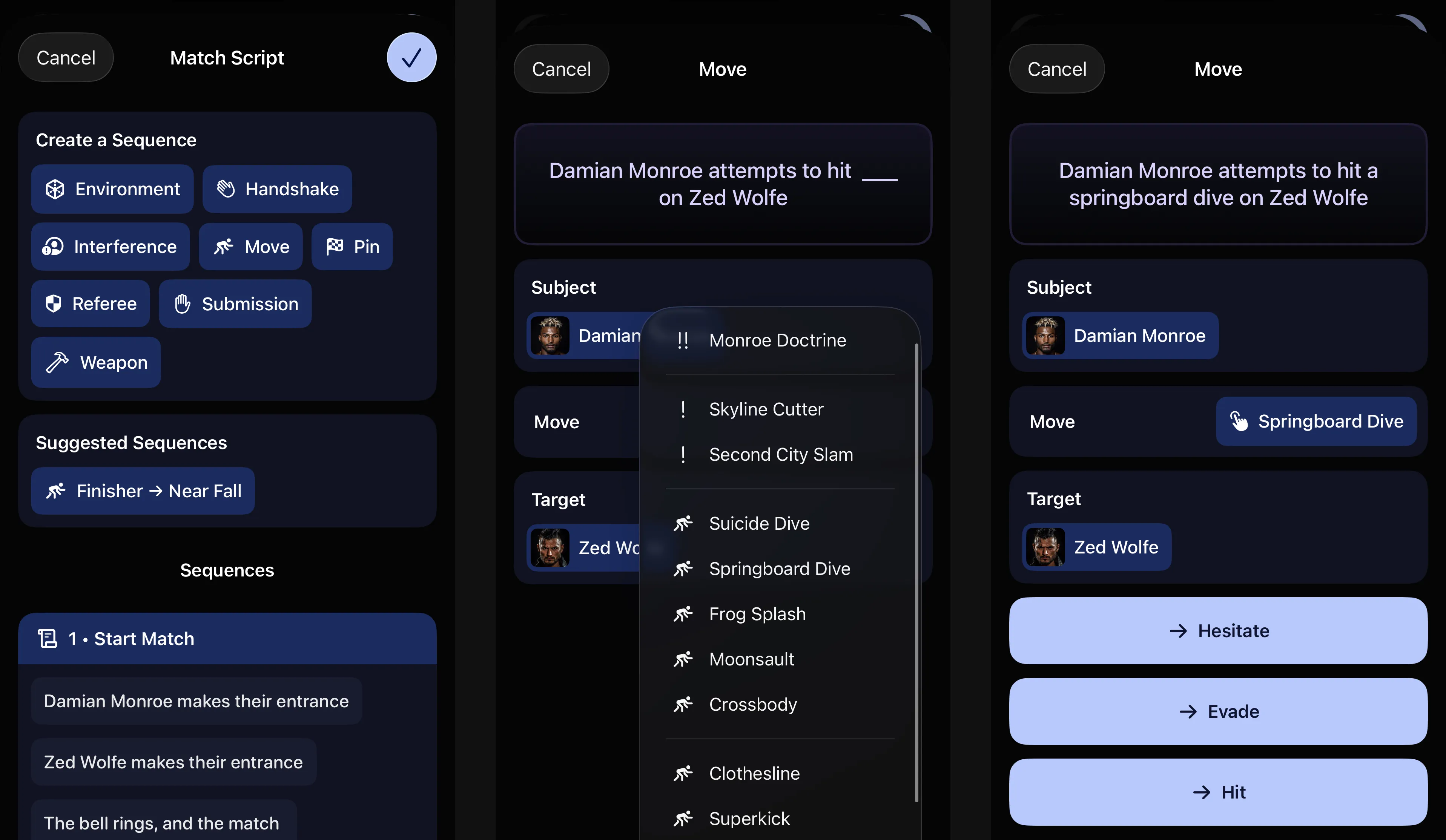 Sequence of 3 screenshots showing the Match Scripts flow, using a springboard dive move as an example